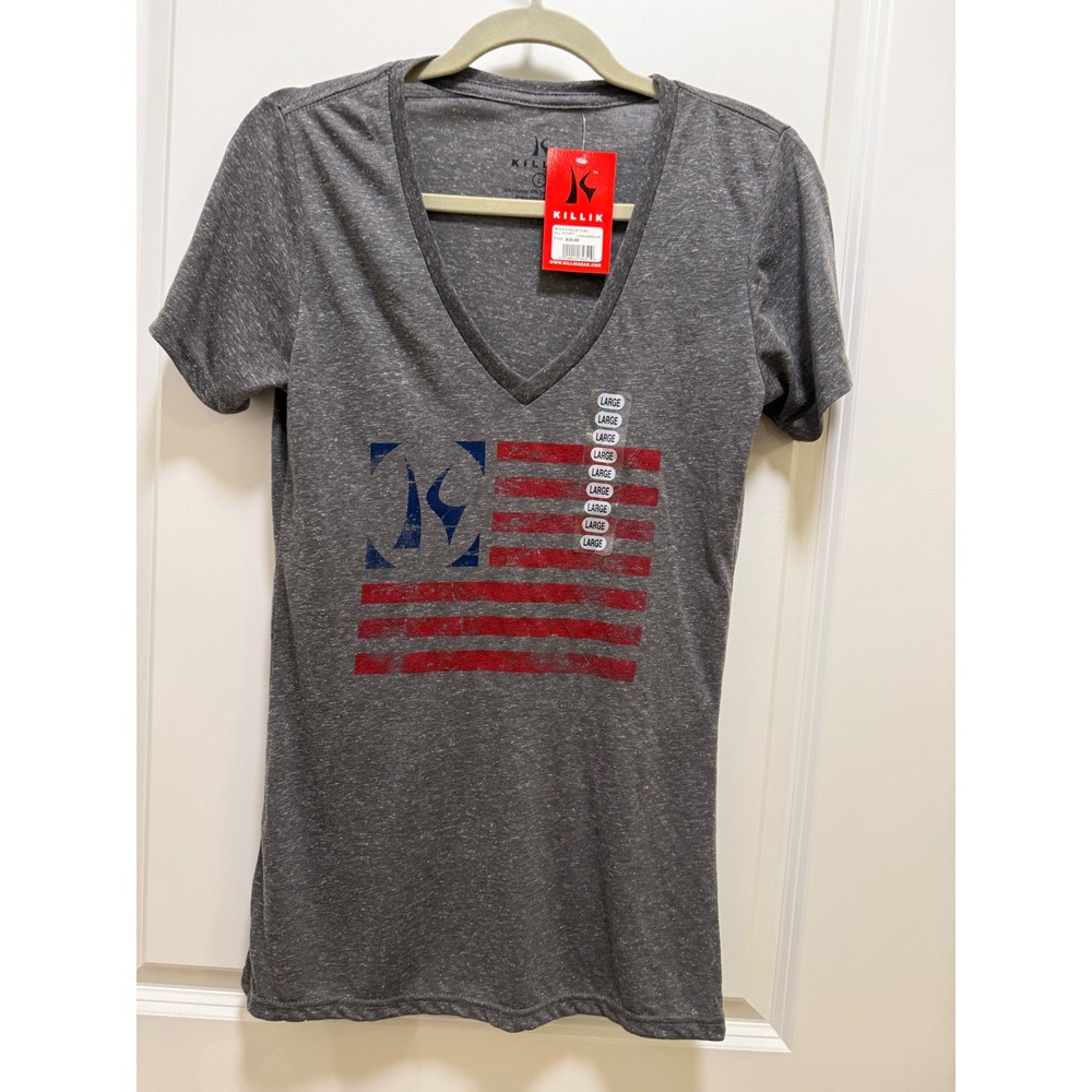Killik Womens V-Neck T-Shirt Large Charcoal‎ Grey American Flag Graphic Tee NWT